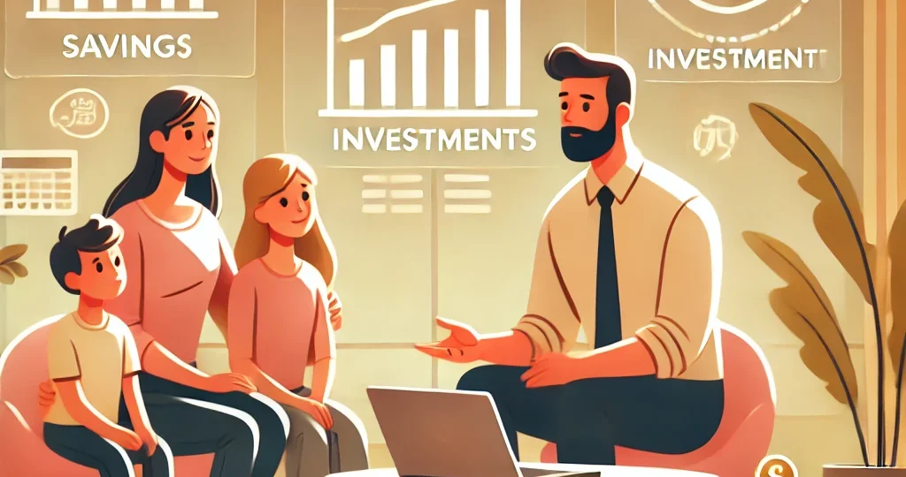 DALL·E 2024-10-24 13.12.50 – A visually engaging scene showing a financial advisor sitting with a family, discussing a range of financial topics like savings, investments, and bud