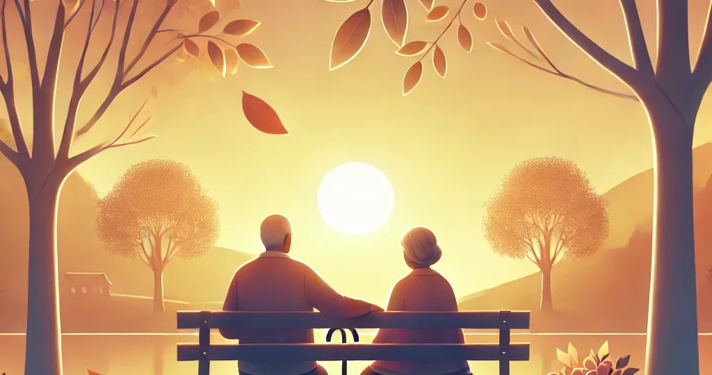 DALL·E 2024-10-24 14.25.55 – A peaceful retirement setting with a couple sitting on a bench in a park, overlooking a serene lake. The image includes autumn trees, golden leaves fa