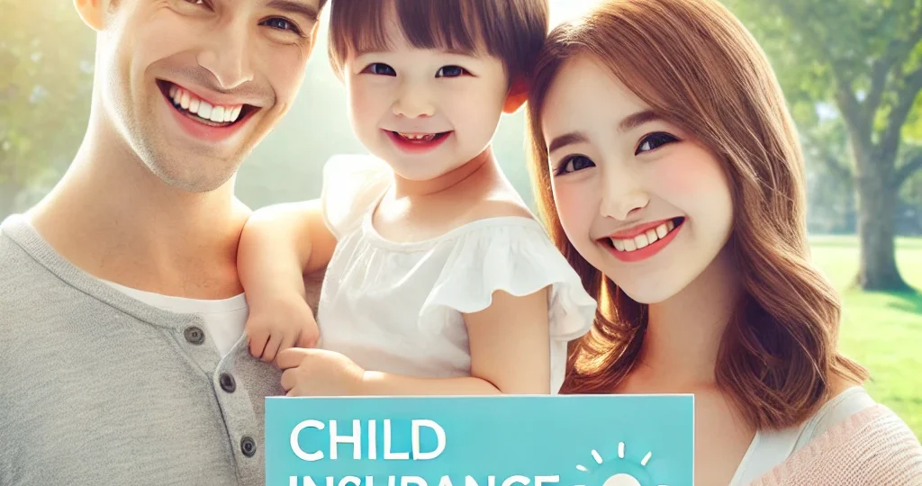 DALL·E 2024-10-25 08.59.53 – A family-friendly image of parents with a young child, happy and secure, symbolizing a ‘child insurance plan.’ The background includes a sunny park, w