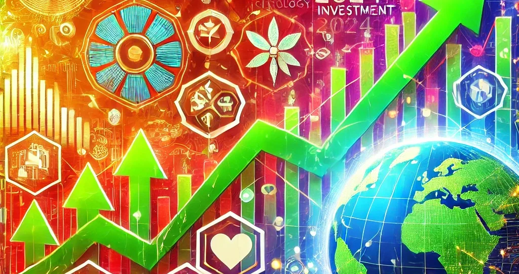 DALL·E 2024-10-25 09.41.14 – A colorful image showcasing stock investment growth for 2024. Include symbols like stock market charts, green arrows rising, and icons representing ke