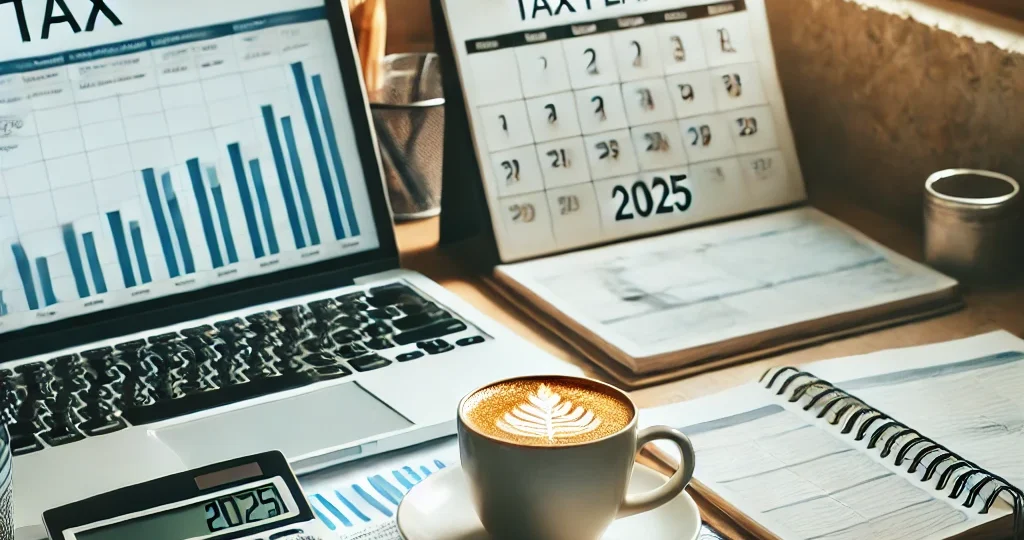 DALL·E 2024-10-25 09.50.26 – An image of a desk with tax documents, a calculator, and a cup of coffee. The setting is well-organized with a calendar displaying ‘2025’, giving a pr