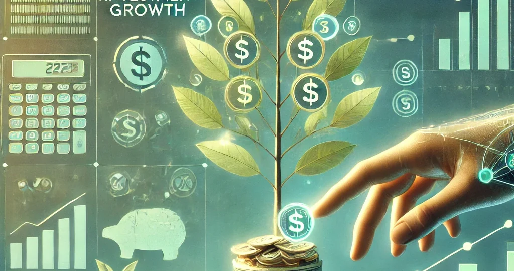 DALL·E 2024-10-25 09.58.05 – An image representing passive investment tips for 2025. Include visuals of calm financial growth, like money growing from trees, savings accounts, sto
