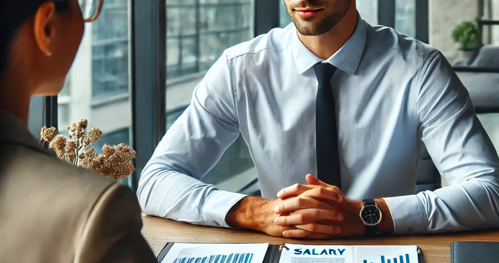 DALL·E 2024-10-25 10.07.28 – A professional in an office setting confidently negotiating salary with their employer. The professional is seated at a desk with charts and papers sh