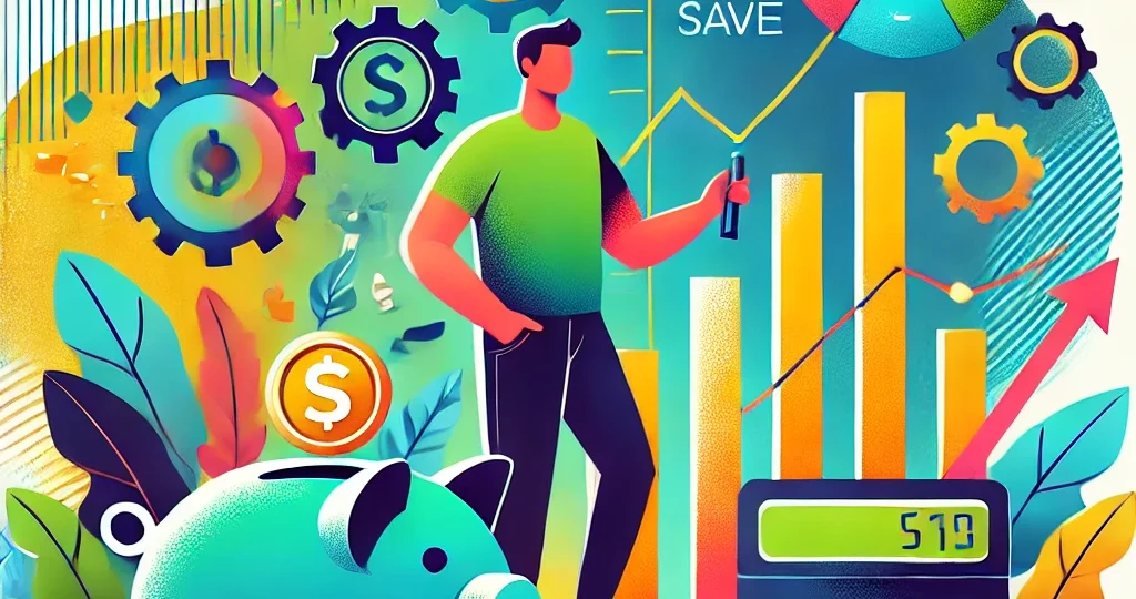 DALL·E 2024-10-25 10.20.30 – A vibrant, optimistic illustration of a person managing their finances, featuring symbols of budgeting, saving, investing, and paying off debt. The sc
