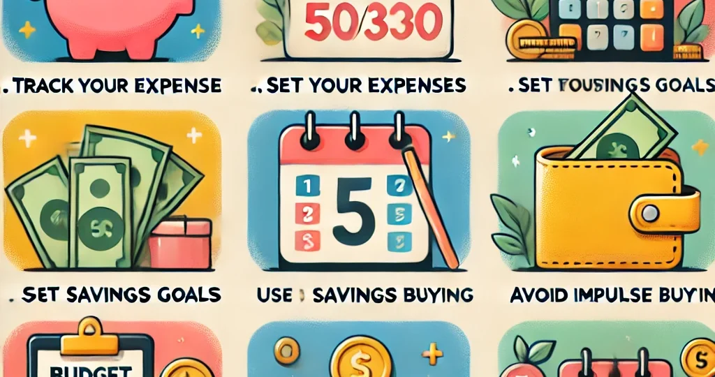 DALL·E 2024-10-27 23.11.49 – An infographic-style image featuring budgeting tips for beginners. The image includes icons such as a piggy bank, calendar, wallet, checklist, and coi